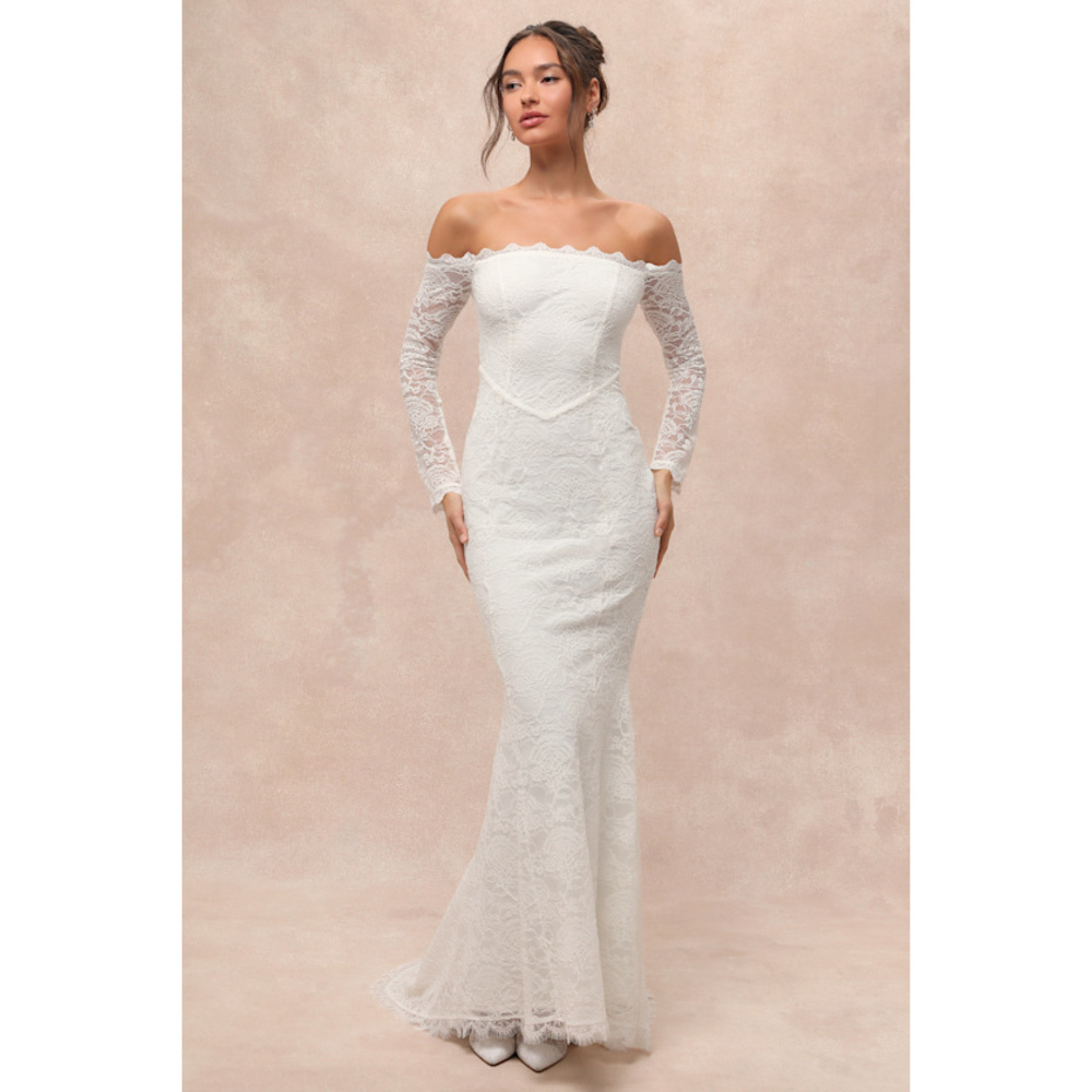 Lulus Beloved Promise White Lace Off-the-shoulder Mermaid Maxi Dress - Size L